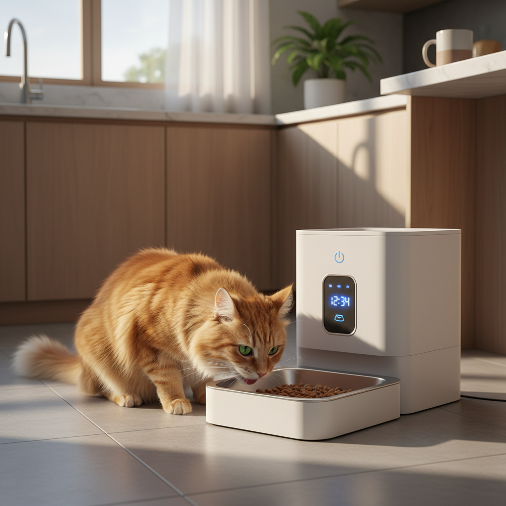Gato a comer no comedouro automático