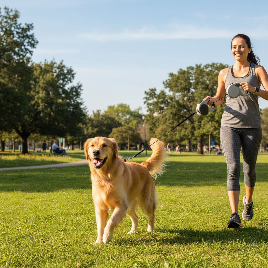 Cão a passear no parque com trela retrátil
