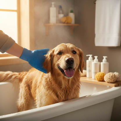 Cão a ser escovado com luva de grooming